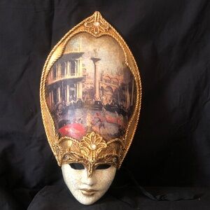 Venetian Carnival mask depicting grand canal; ornate, gilded, child’s mask